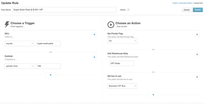 An active automation rule in ShipHero named "Super Sock Pack & $150+ VIP" that triggers when an order contains a specific SKU and subtotal value to apply fulfillment actions.
