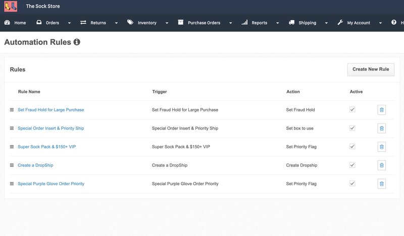 Shiphero's Automation Rules dashboard oshowing five active, customizable rules with their specific names, triggers, actions, and status toggles.
