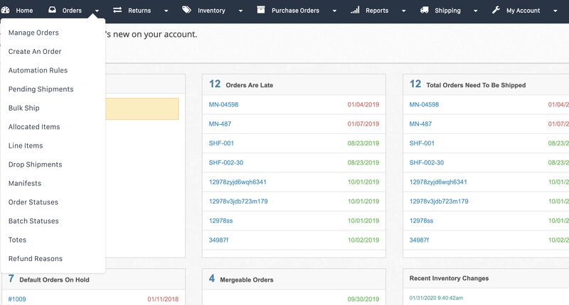 Shiphero's dashboard. Visible options include Manage Orders, Create An Order, Pending Shipments, and Bulk Ship.
