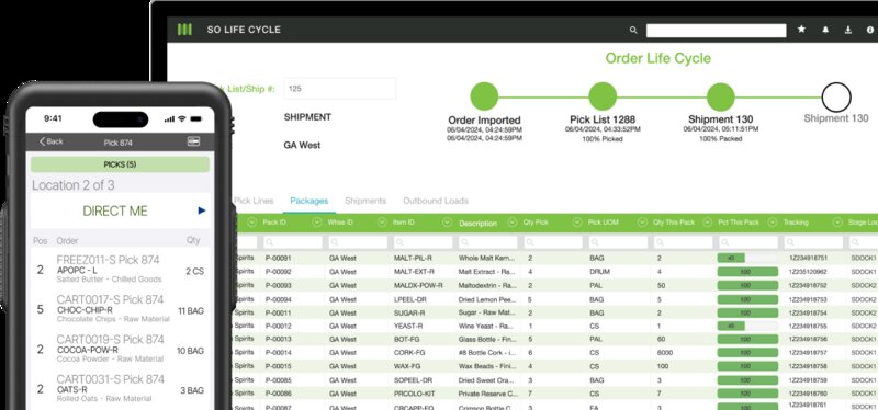 A mobile view of active picks in Mobe3 WMS, including a 'direct me' button, order details and quantities. Behind it is a SO lifecycle overview on a desktop, with the 'packages' submenu open