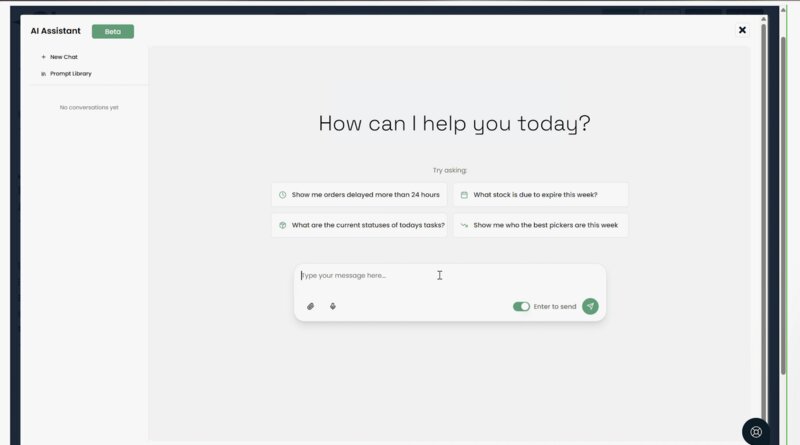 Clarus WMS' AI Assistant interface with suggested prompts related to orders, stock, and pickers.